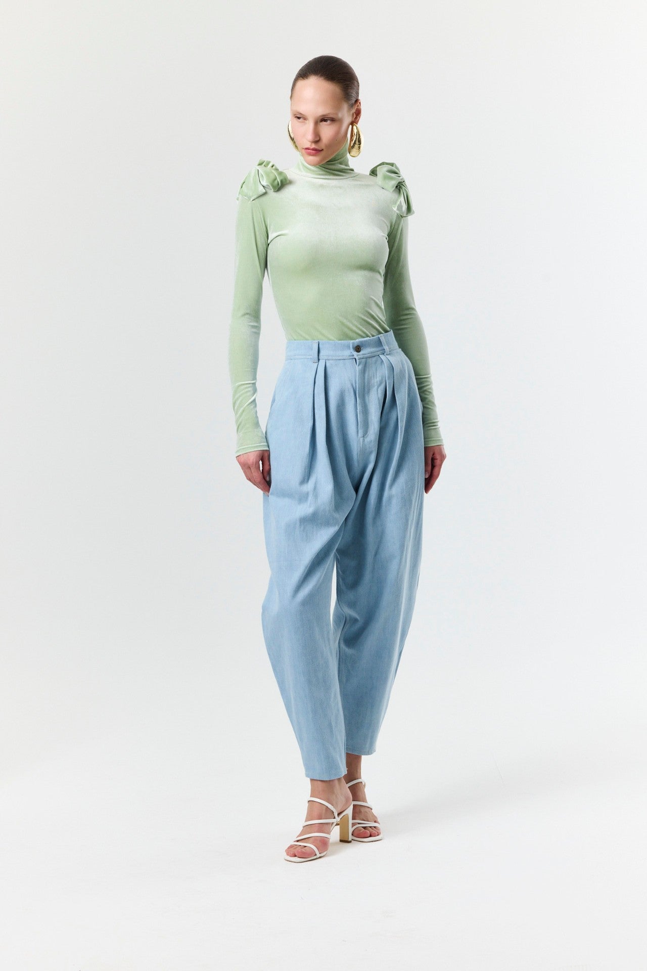 Sweet Bow Velvet Top - Pistachio with Jeans