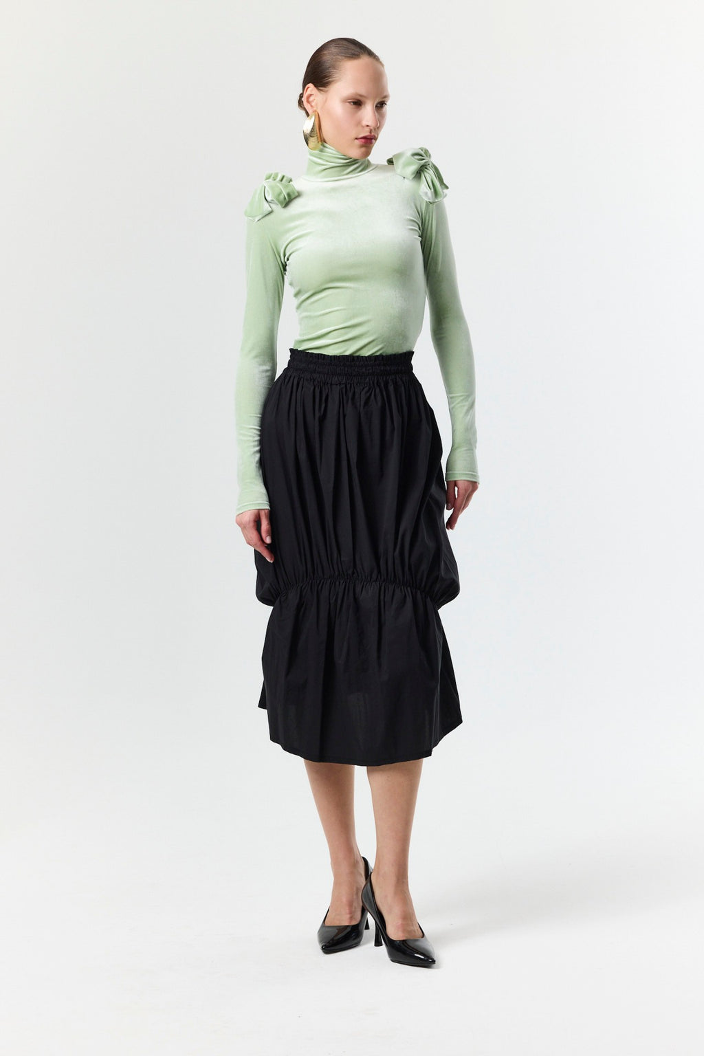 Sweet Bow Velvet Top - Pistachio with Skirt